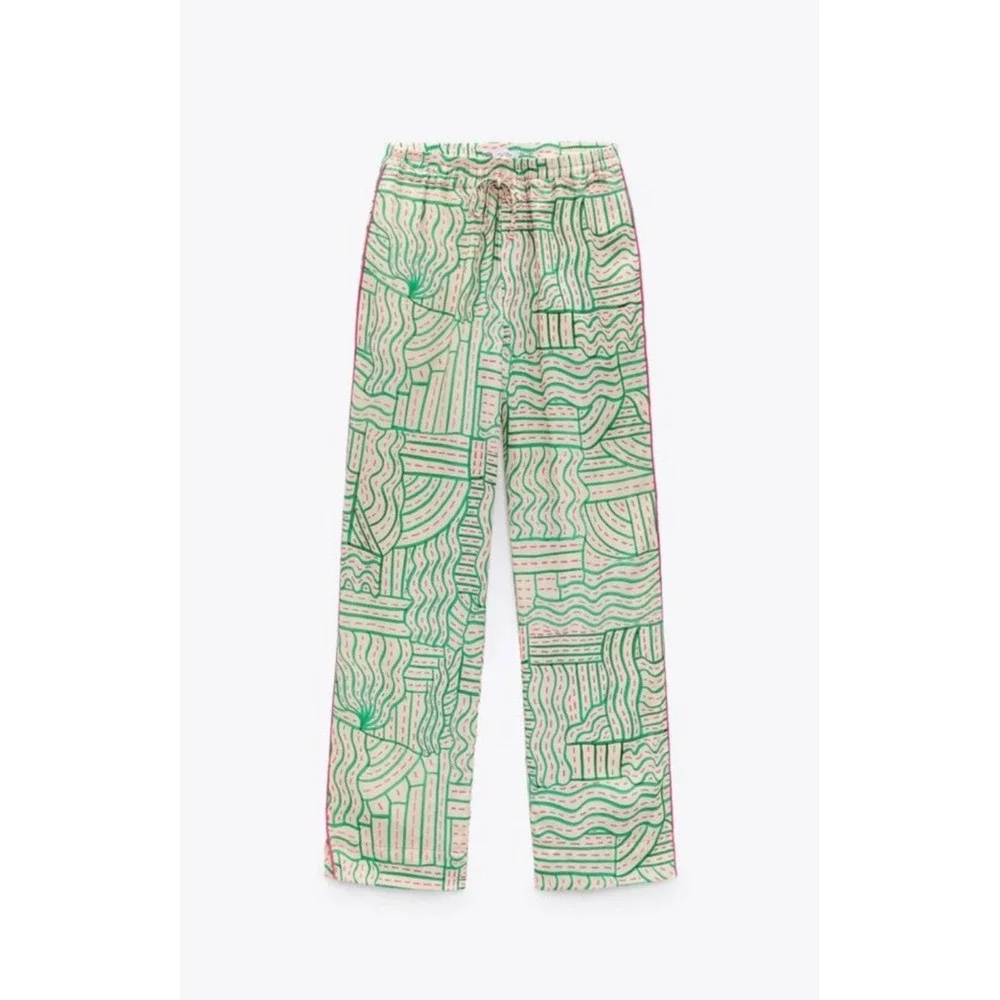 Zara Womens Green Pink‎ Abstract Print Linen Blend Straight Leg Pants High Rise